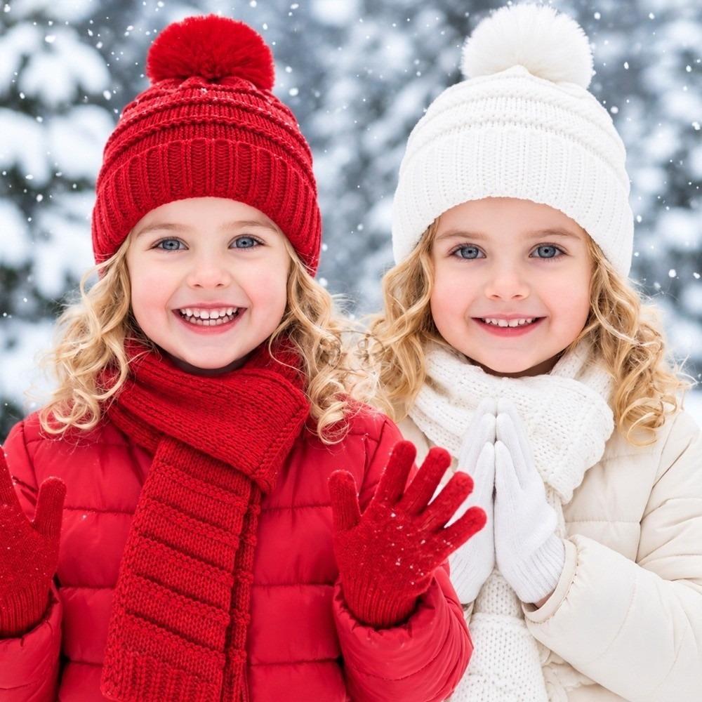 3Pcs/Set Pom Pom Knitted Scarf Gloves Set Soft Cozy Winter Hat Scarf Gloves Kit 2-5Y Baby Kids