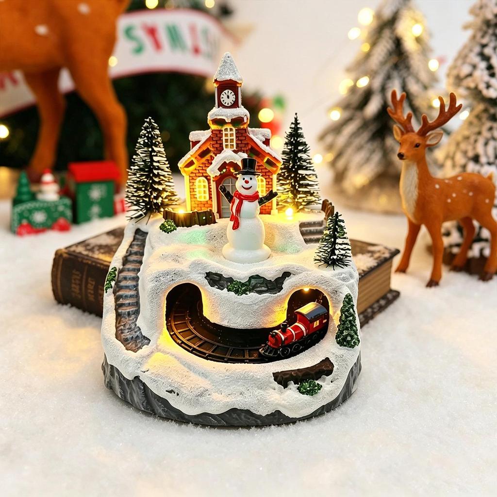 Luminous Christmas Snow Scene Train Ornament with Rotating Cabin Music Box