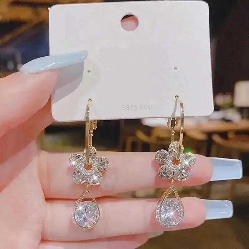 Silver Needle Korean Fashion Zircon Drop Earrings For Women Jewelry Trending New Luxury Vintage Gold Color Earrings