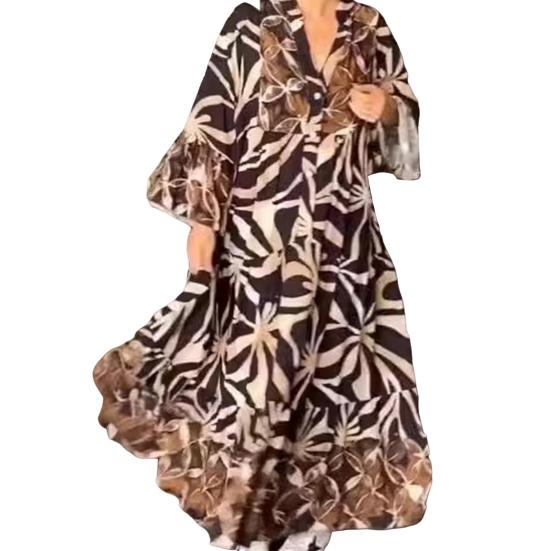 

Весна Осень Женское Платье V-образный вырез Цветочный Принт Свободный А-силуэт Длинные рукава Плиссировка M чёрный