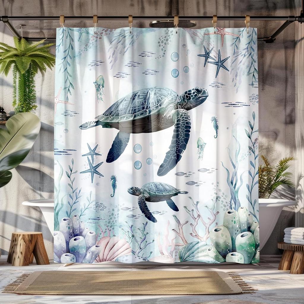 Peopleareok Nautical Coastal Shower Curtain, Funny Kids Sea Turtle Seashell Starfish Shower Curtain for Bathroom Decor, Polyeste