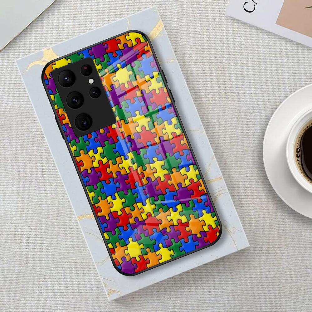 

Autism Support Puzzle Phone Case For Samsung S26 S25 Edge Ultra 23 22 21 20 Ultra Plus S24 Fe Glass Cover Galaxy S25 FE