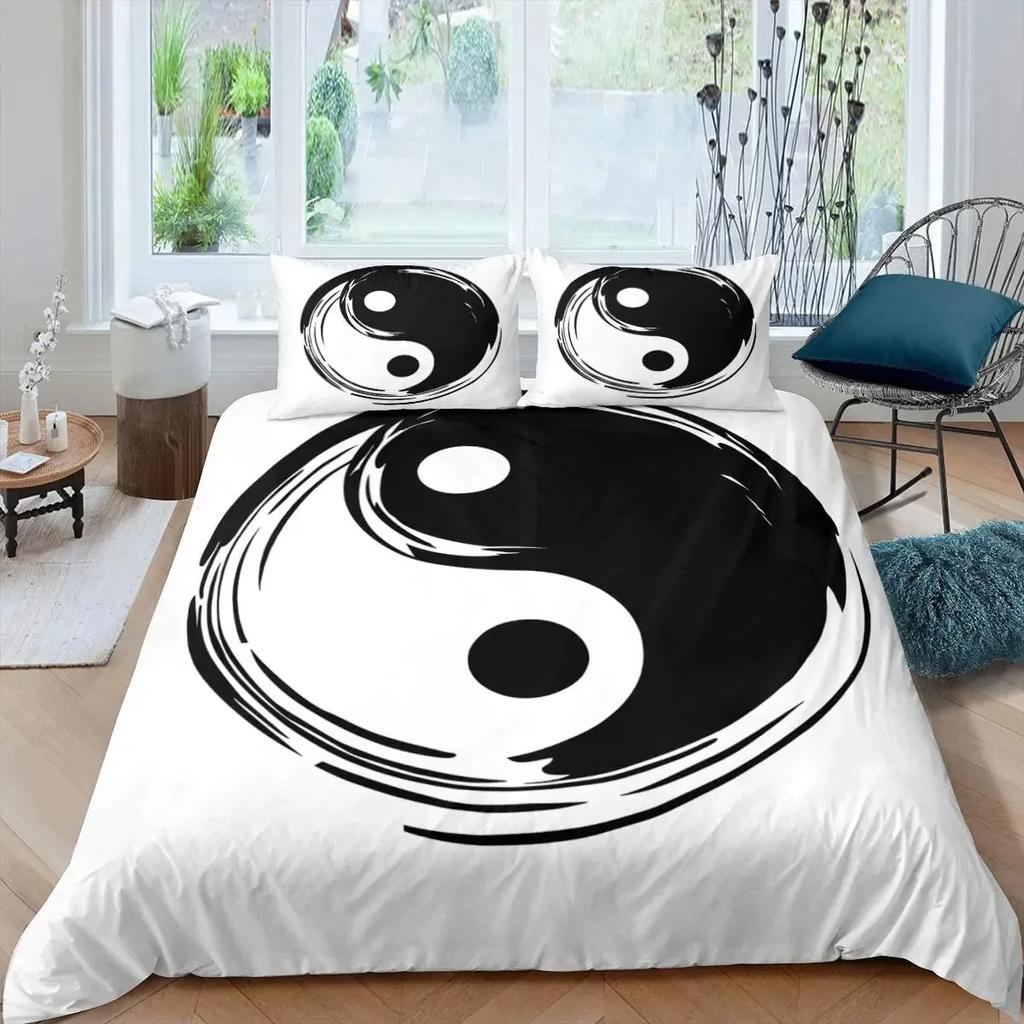 Schwarz-Weiß Bettbezug Set Böhmisches Mandala Bettwäscheset für Kinder Kind Yin und Yang Polyester Bettdeckenbezug King Size