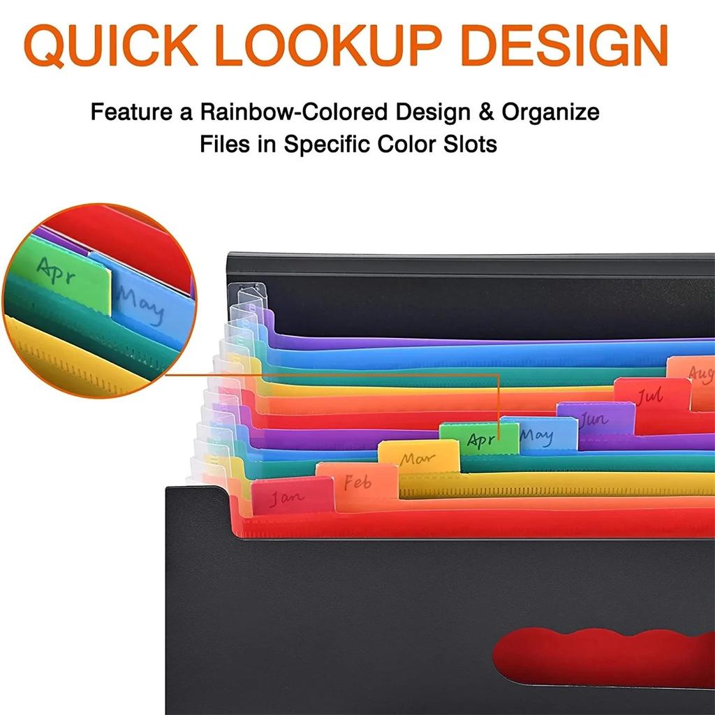 Dosar extensibil cu 12 buzunare, organizator de fișiere tip acordeon pentru birou, negru, cu capac extensibil (Dimensiunea 4/papetărie)