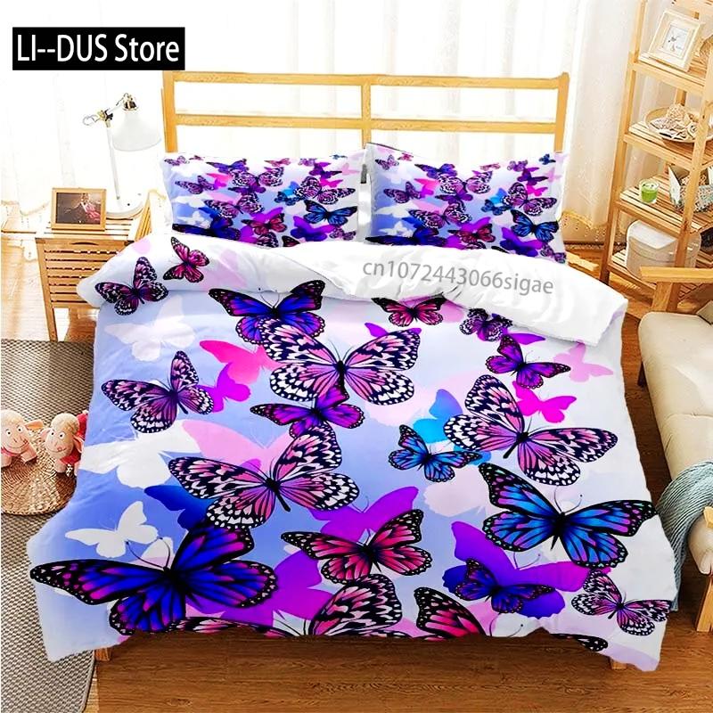 Colourful Butterfly Duvet Cover Bedding Set Comforter Cover with Pillowcases for Girls Gift Single Double Queen 3Pcs Full Size