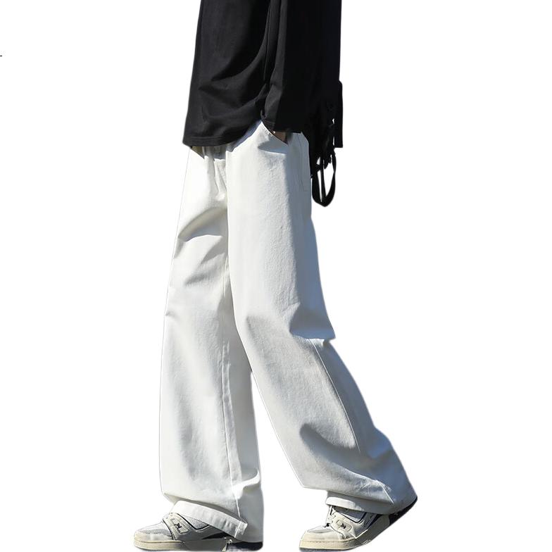 Dingfengbaoluo Pure Cotton Casual Pants for Men, Spring Solid Color Loose Versatile Straight-Leg Cargo Wide-Leg Trousers SS10 White M