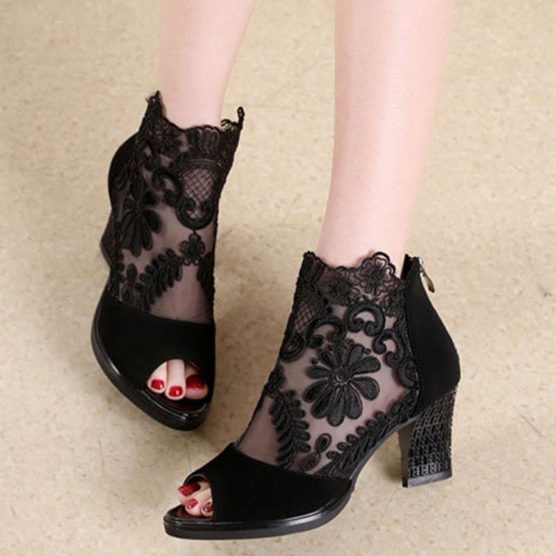 Fashion Sexy Women's High Heels Shoes Fashion Black Women Boots Lace Peep Toe Sandals Mesh Breathable Platform Shoes Female Plus Size 43
