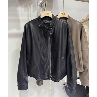 Casual Temperament Locomotive Leather Jacket Women's Autumn High Sense Stand-up Collar Loose Jacket Fashion Brown