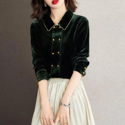 French Style Fashion Elegant Sping Velvet Shirts Women Solid Polo-Neck Single Breasted Temperament Chic Loose Long Sleeve Tops