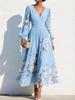 Frühling neue europäische und amerikanische Stil V-Ausschnitt bedrucktes Chiffon-Langarmkleid Damen Taille A-Linie Rock Urlaubsstil langes Kleid