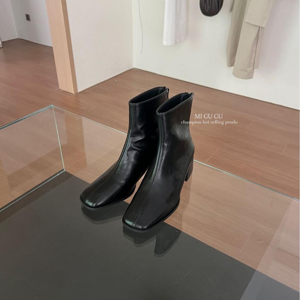 2025 autumn and winter new square head thick heel rear zipper low tube thin Martin women's short boots