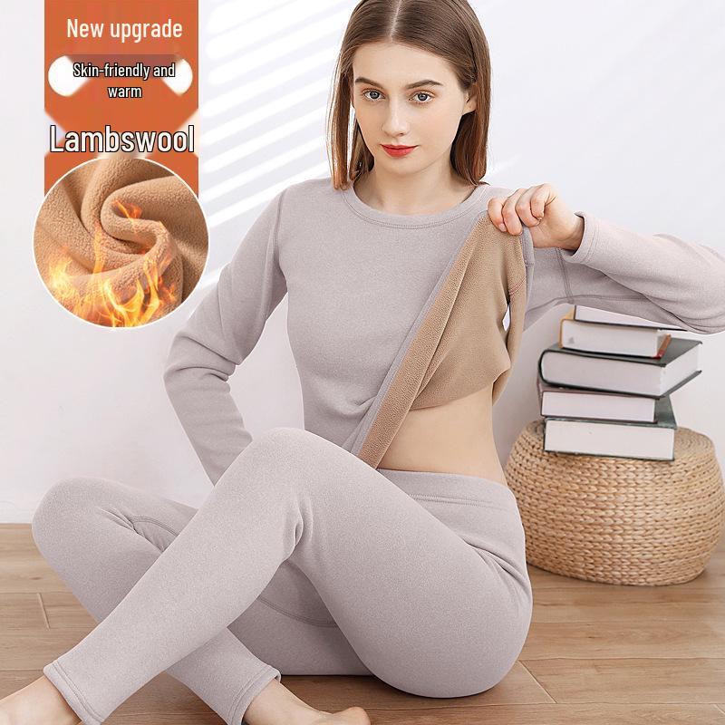 Women's Autumn Lambswool & Fleece Thermal Set: 460g Brushed Velvet Top & Bottoms for Cold Weather