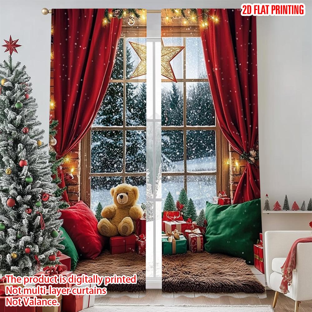

2pcs 2D flat printing Merry Christmas Popular Curtain Merry Christmas to winter scenery in Hex Machine Washable Fabric Without 52.50×116.00 CM 2pcs