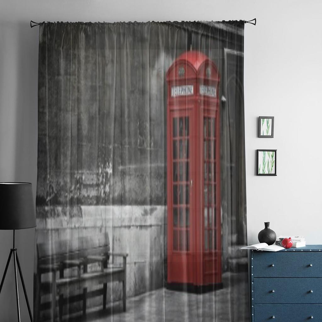 Brittisk telefonkiosk i London Storbritannien Tyll Skira gardiner för vardagsrum köksdekoration Voile Organza-gardiner