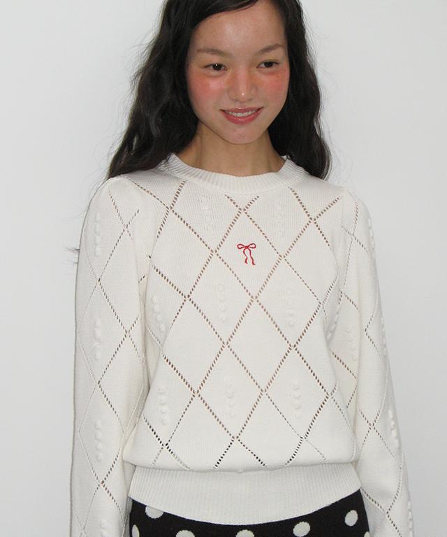 RONRON Diamond Pattern Long Sleeve Knit Ivory