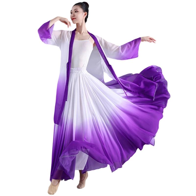 Women's Lyrical Dance Skirt Gradient Color Chiffon Long Swing Sheer Wrap Skirts for Modern Ballet Performances