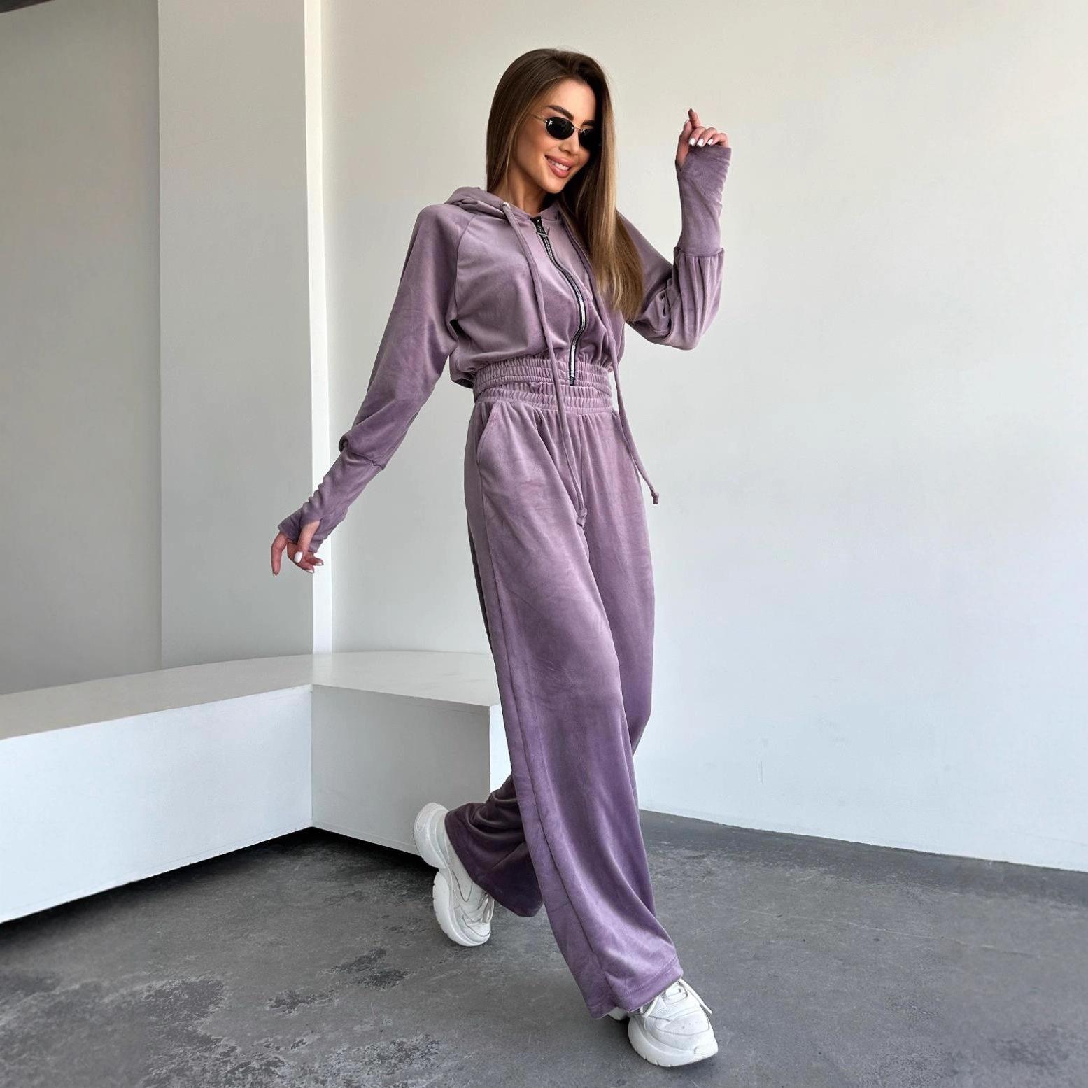 

Женские комплекты осень и зима короткий худи с капюшоном и брюки athleisure комплект из двух предметов XXL фиолетовый