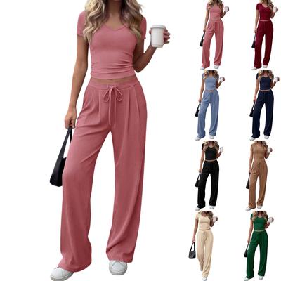 Women's Casual Fashion V-Neck Short-Sleeve Wide-Leg Pantsuit