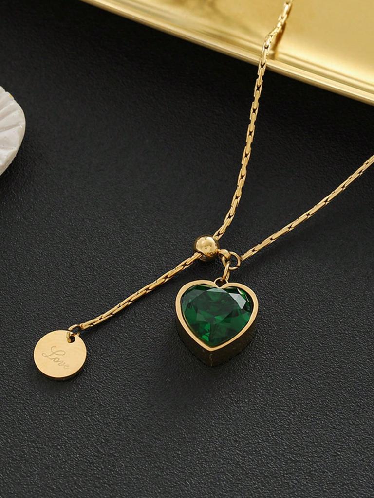 Stainless Steel Emerald Diamond Heart Shape Titanium Steel Adjustable Necklace For Women,  Suitable For Daily Wear And Gifts