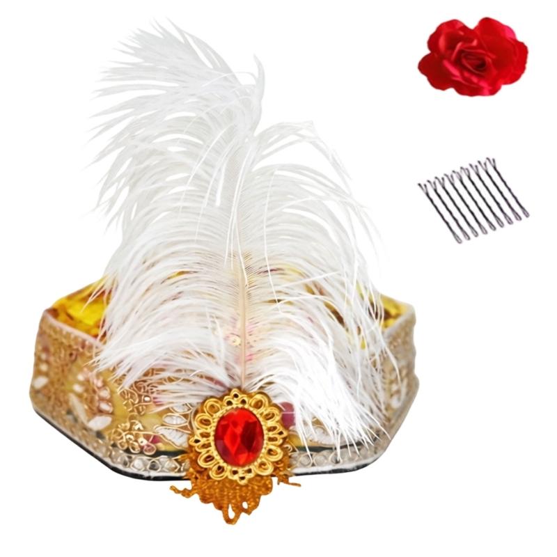 Elegant Ethnic Dance Event Hat With Feathered And Sequins For Women Stage Performances Folk Dance Costume Accessories