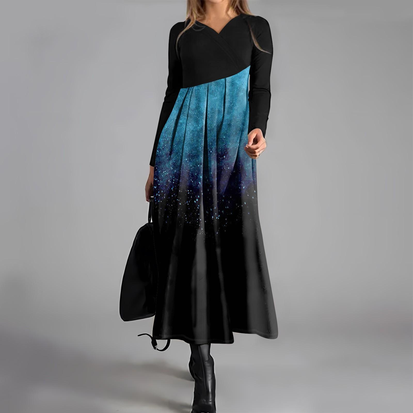 

Женское повседневное модное платье с V-образным вырезом и длинными рукавами, цветным градиентным принтом, карманом на талии, большим свободным платьем L циан