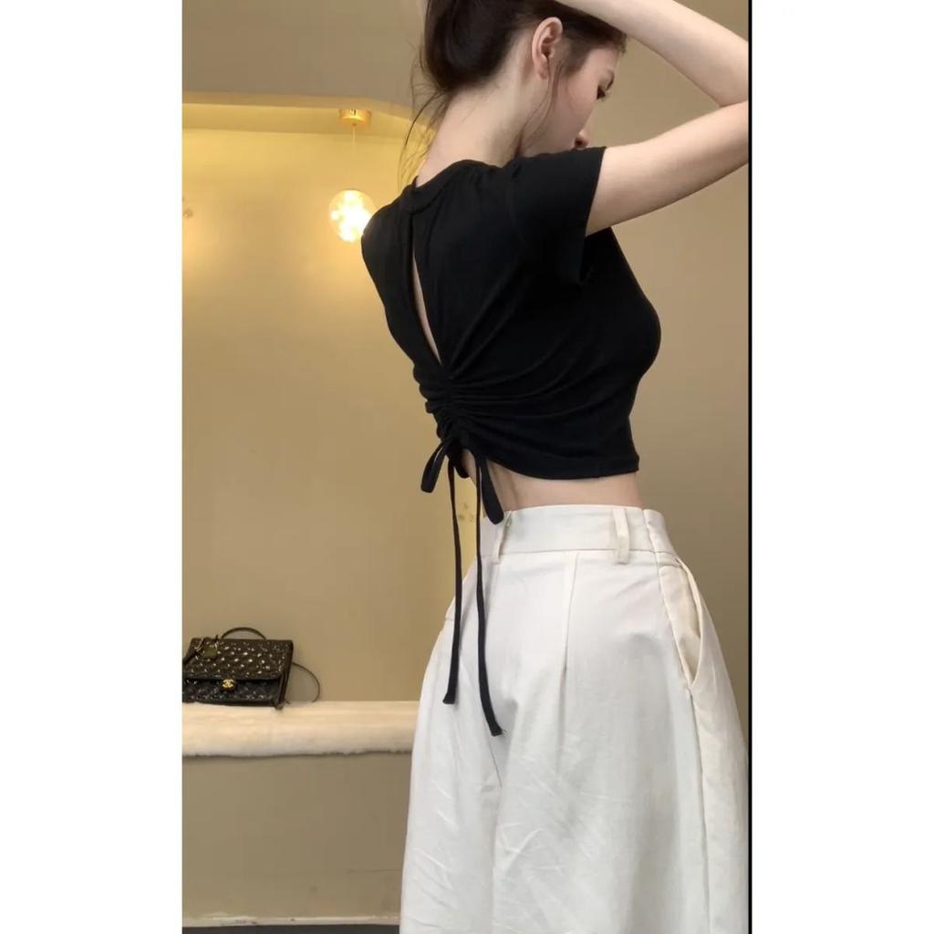 Niche Design Sense Unique Slim-fit High-waisted Short-sleeved T-shirt Pure Desire Wind Spice Girl Back Hollow Drawstring Ins Top Women