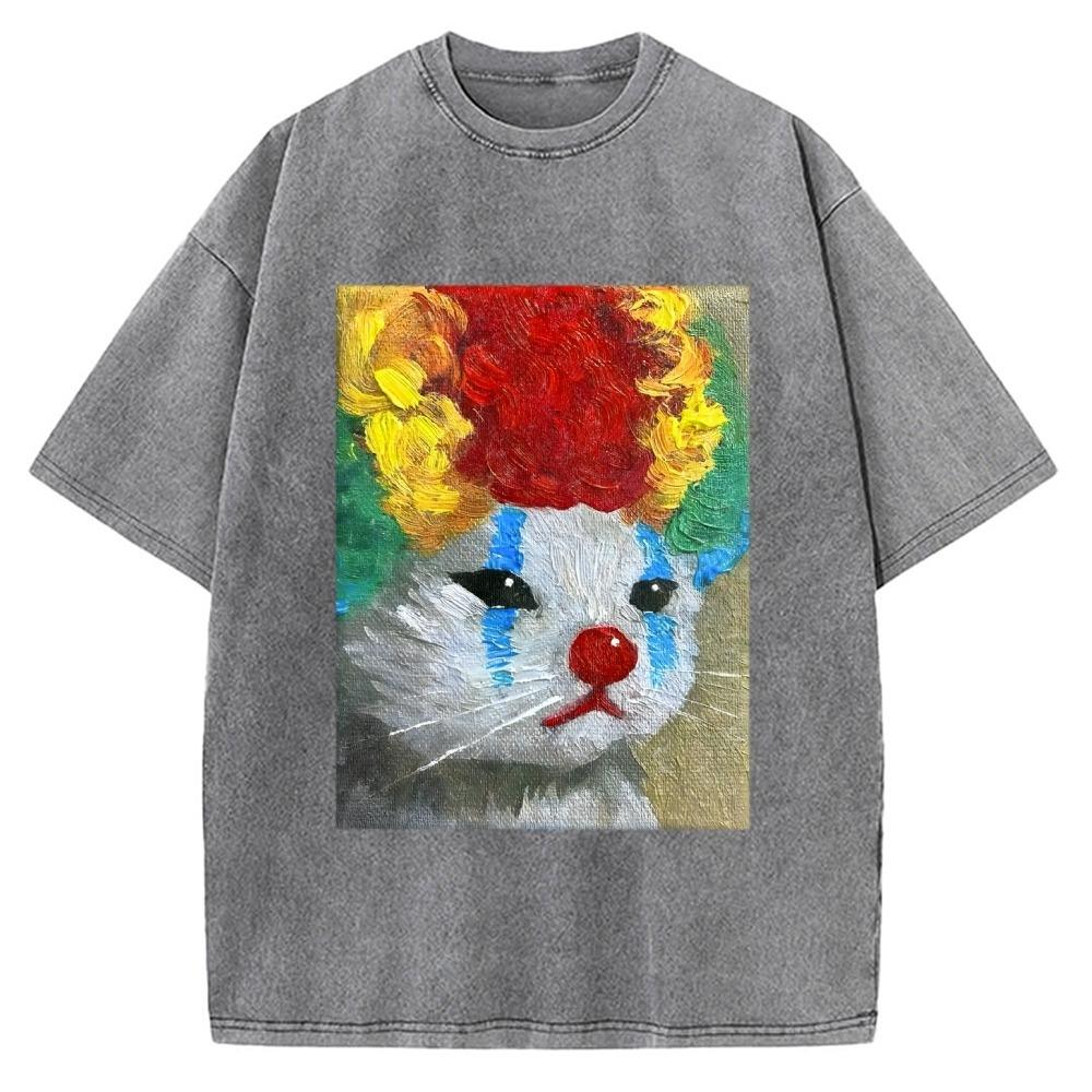 Artistic Clown Cat Print TShirt Oversized Vintage Washed Heavyweight  Cotton Streetwear Top Summer Holiday Men Clothes S