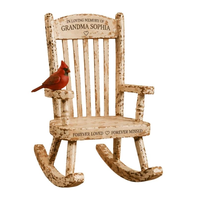 Colored Bird-on-Chair Figurine with Forever Missed Inscription, Raised Rocking Chair Form, and Cream-and-Brown Color for Indoor Shelf Display