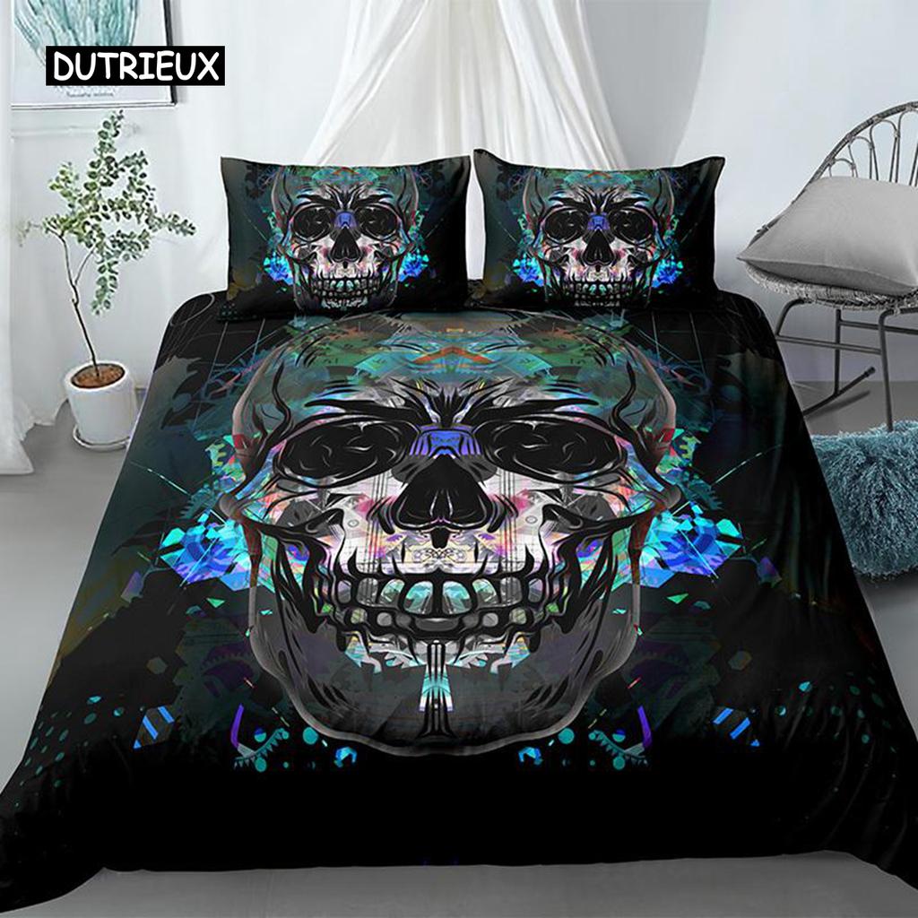 3D Skull Duvet Cover Set Colorful Skull Gothic Watercolor Tie Dye Comforter Cover Microfiber Sugar Skull Queen Size Bedding Set