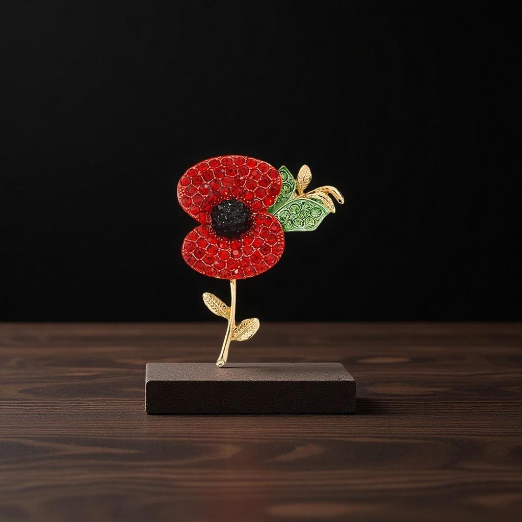 Kate Middleton Commemorative Poppy Red Enamel Brooch with Rhinestones