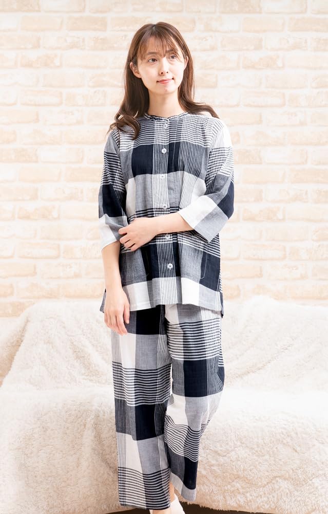 Eye Pant Open Smooth and Cool Willow Room Sizes K's Women's 3/4 Sleeve, 9/10 Pants, Front, Summer, Skin-Friendly 100% Cotton, Check, Nightwear,