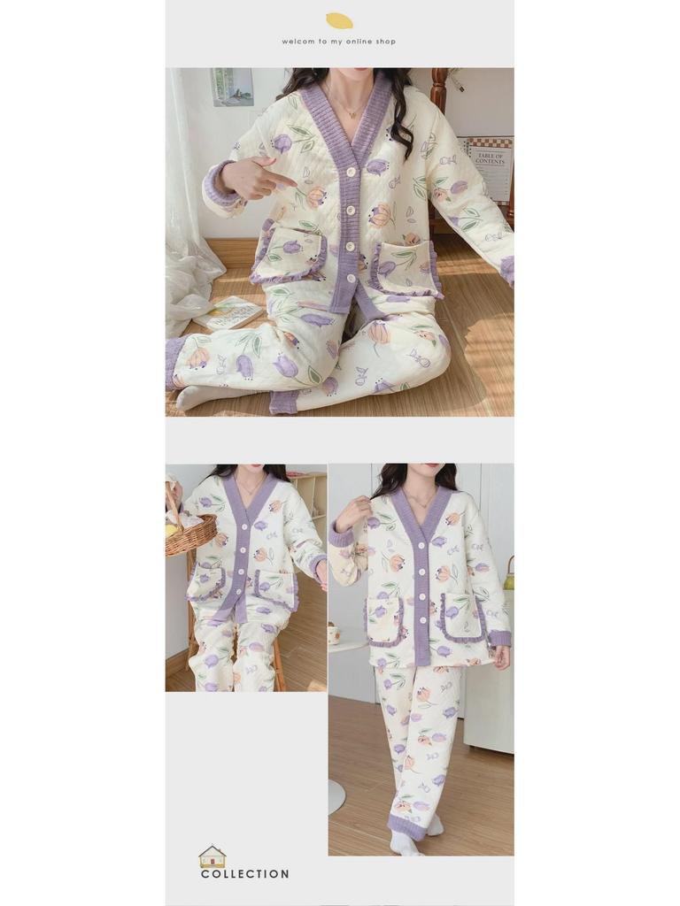 Damen Cartoon Baumwollpyjama Set - Warm und stilvoll für Herbst/Winter