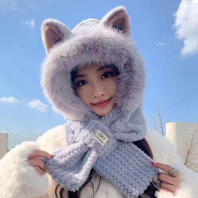Sombrero de Peluche con Orejas de Conejo y Bufanda Para Mujer Estilo Invierno Lindo Grueso Cálido Protector de Orejas Sombrero Lei Feng