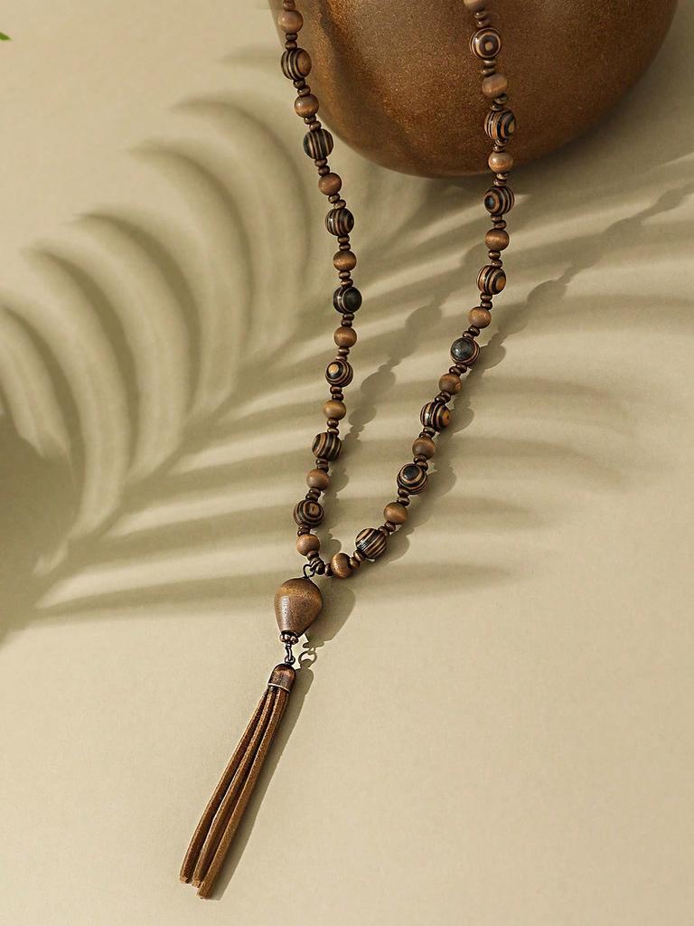 Bohemian Vacation Style Wooden Handmade Bead Pendant Necklace Long Sweater Chain Pu Leather Tassel Boho Jewelry Suitable for Women's Daily