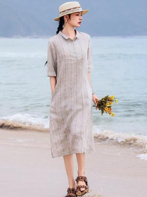 Damen Künstlerisches Florales Print Leinen Midi Kleid - Sommer, Lockere Passform, Mittellange Ärmel, Reverskragen.