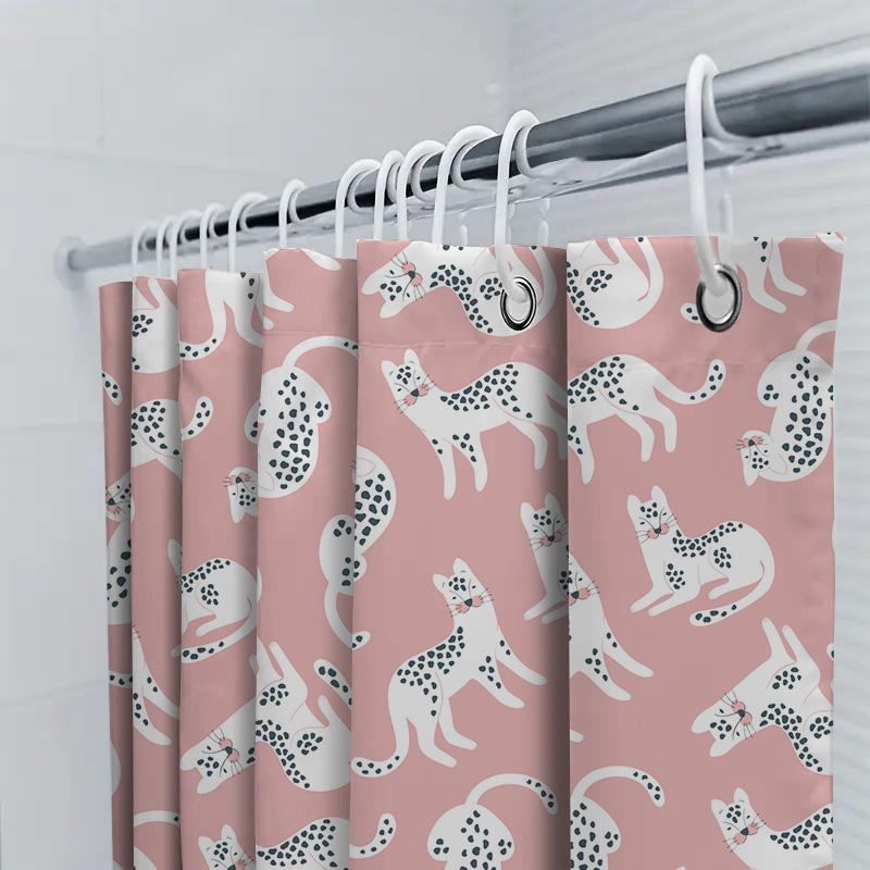 Pink Bath Shower Curtain With White Cats Dogs Pattern Decorative Waterproof Polyester For Home Bathroom Accessories