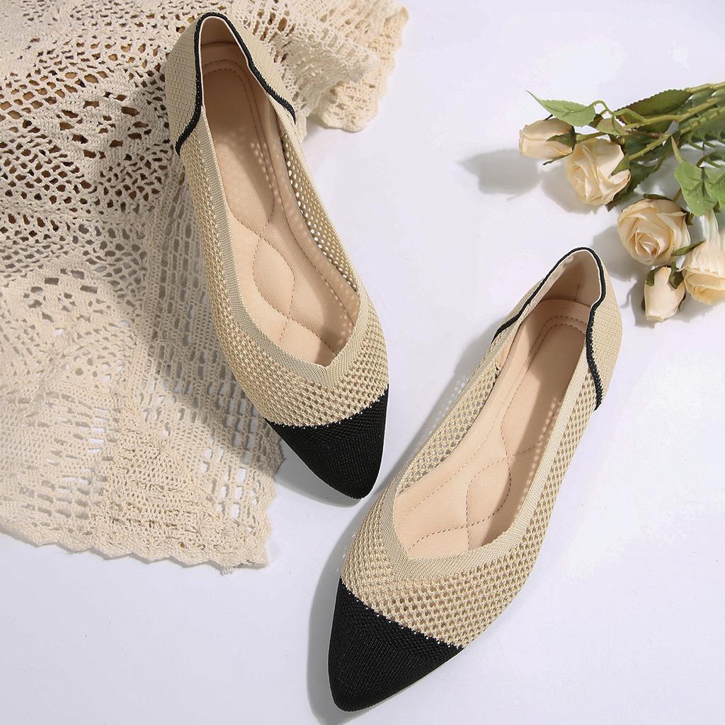 Foreign Trade New Large Size Fly-woven Hollow Flat-bottomed Four-season Single Shoes Women's Pointed Breathable Mesh Shallow Mouth Work Shoes