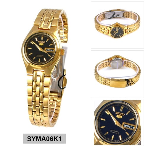 Seiko Women's 5 Automatic Watch, Black Dial, Gold-Tone Stainless Steel, SYMA06K1
