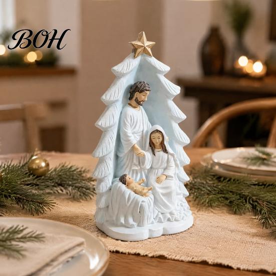 Gold Star Nativity Decor for Desk Holy Family Statue, Christmas Tree Resin Ornament, Hand-Painted Figurine Home Religious Tabletop Altar & Fireplace