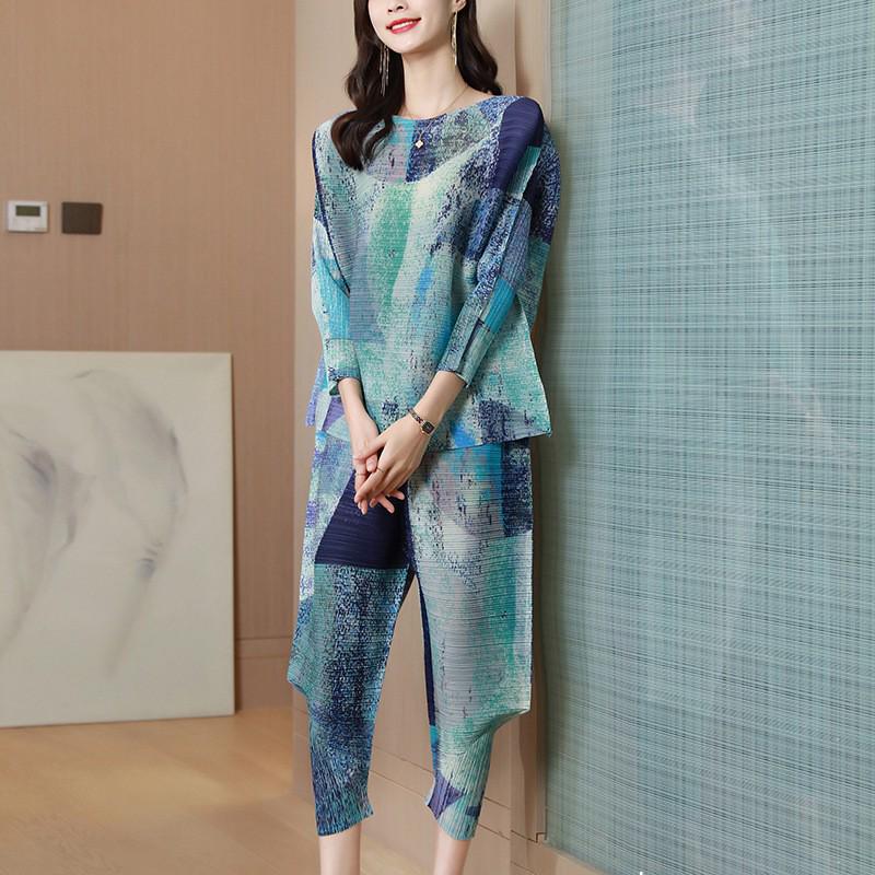 

Miyake Pleats 2025 Весенний Топ с Круглым Вырезом и Свободные Брюки Модный Комплект-Двойка One Size синий