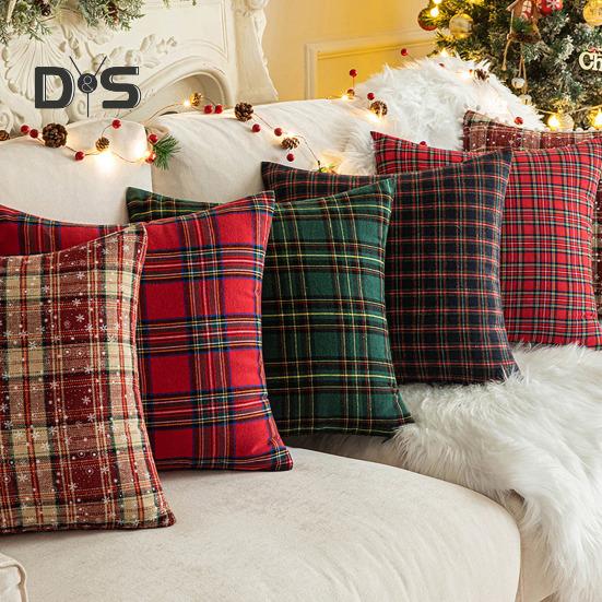 Christmas Pillowcase Plaid Print Single Side Print Colorfast Hidden Zipper Two Sizes Available Couch Decoration Throw Pillow Cover Pillow Sham