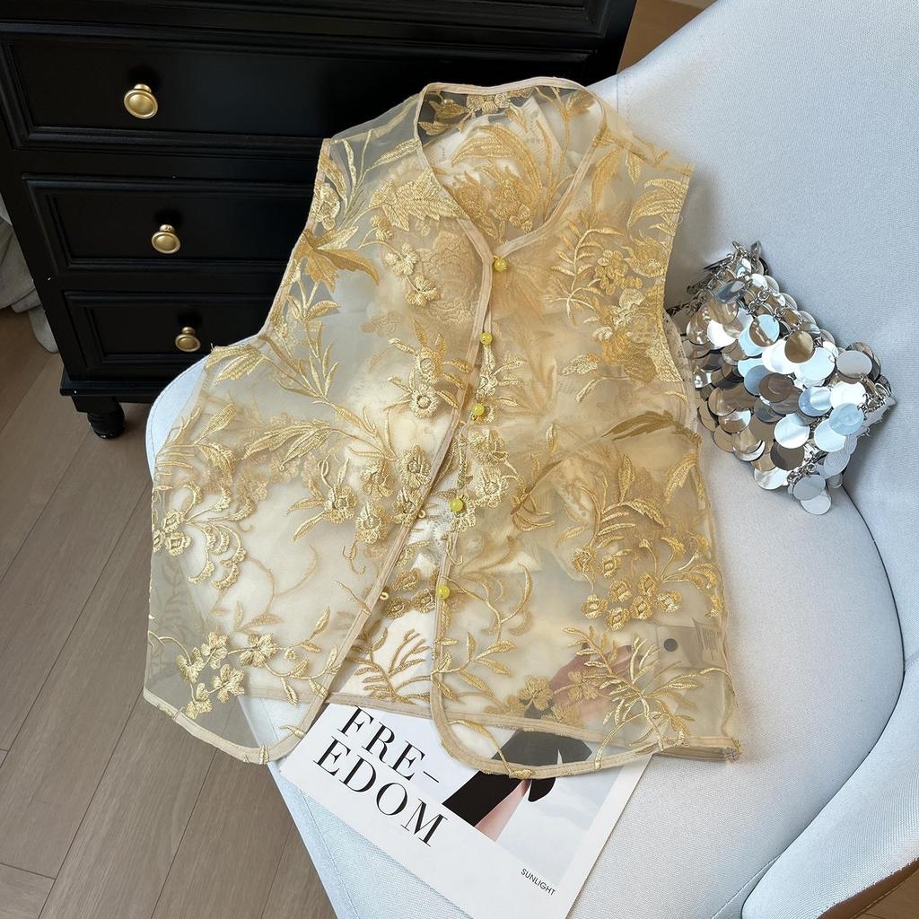 6615 gauze embroidered mesh vest women's summer retro loose thin temperament vest vest
