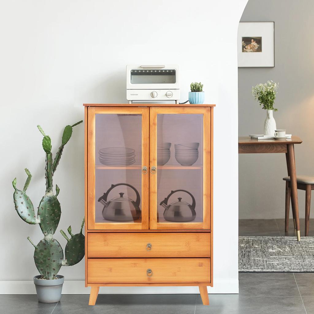 Stylish Bamboo Sideboard with 2 Doors & 2 Drawers, Floor Mounted Kitchen Storage Cabinet, Freestanding Organizer for Dining Room