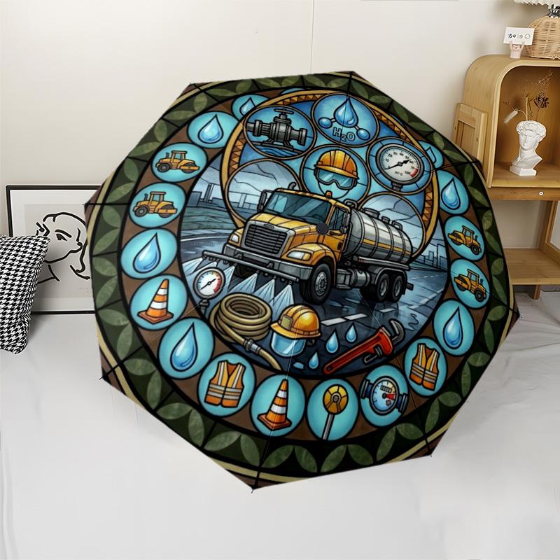 Water Delivery Truck Art Pattern Umbrella, Portable and Foldable Design, 8 Ribs, a Casual Accessory for Halloween, Christmas, and Birthday Gifts.
