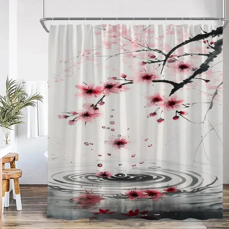 Ink Painting Shower Curtain Chinese Asian Style Cherry Blossom Japanese Woman Classical Bathroom Decor Polyester Bath Curtain
