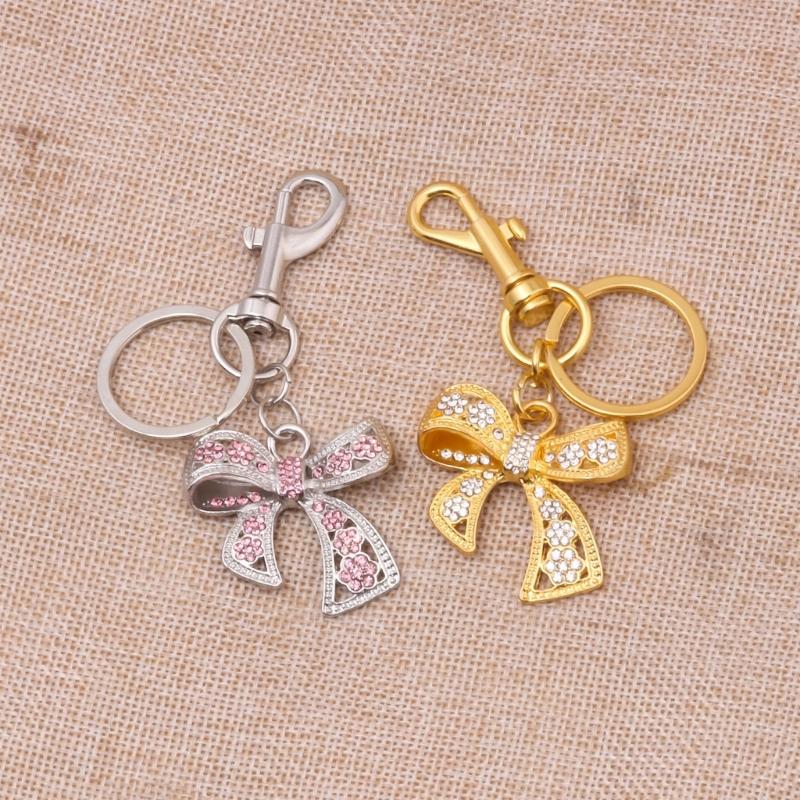 Metal Bowknot Keychain with Sparkling Rhinestones Elegant Gift for Women Fashionable Keyring Pendant