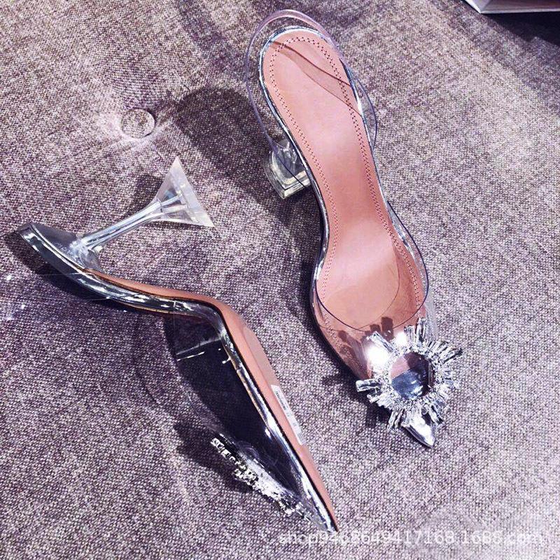 Women's Rhinestone Buckle Transparent Sandals - Summer 2022 Crystal Mid-Heel Slippers for Bridesmaid and Wedding.