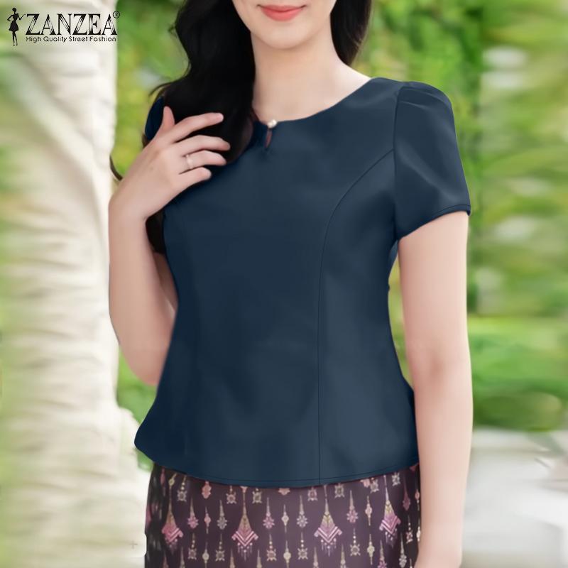 ZANZEA Women Summer Round Neck Casual Short Sleeve Plain Blouse