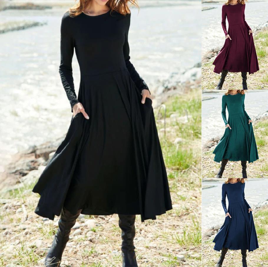 Women'S New European And American Wish Long-Sleeved Crew Neck Solid Color Long Women'S Dress