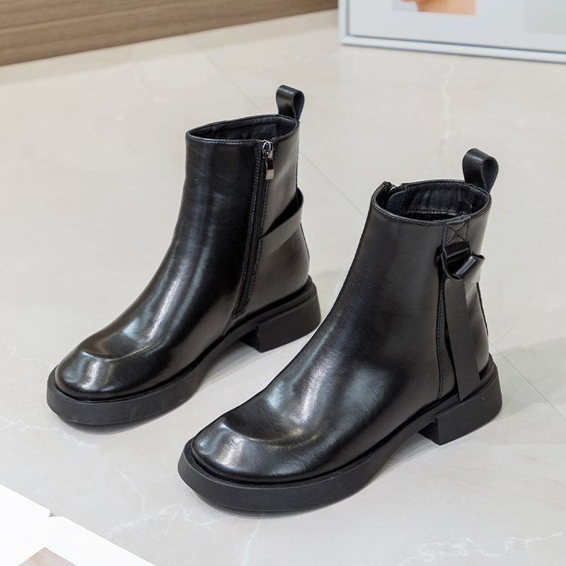 00B000000 leather women's short boots, square head thick heel 0 cm side zipper soft leather short boots, autumn and winter spot women's